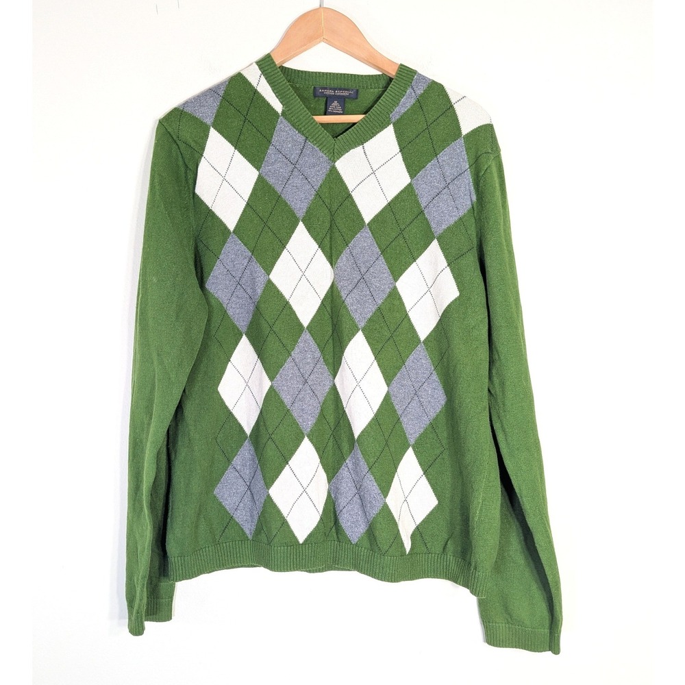 Banana Republic Green V-Neck Sweater; Argyle Cotton Cashmere Blend